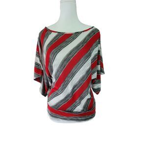 Caren Sport Women Red Gray White Top Shirt Striped Off Shoulder Medium